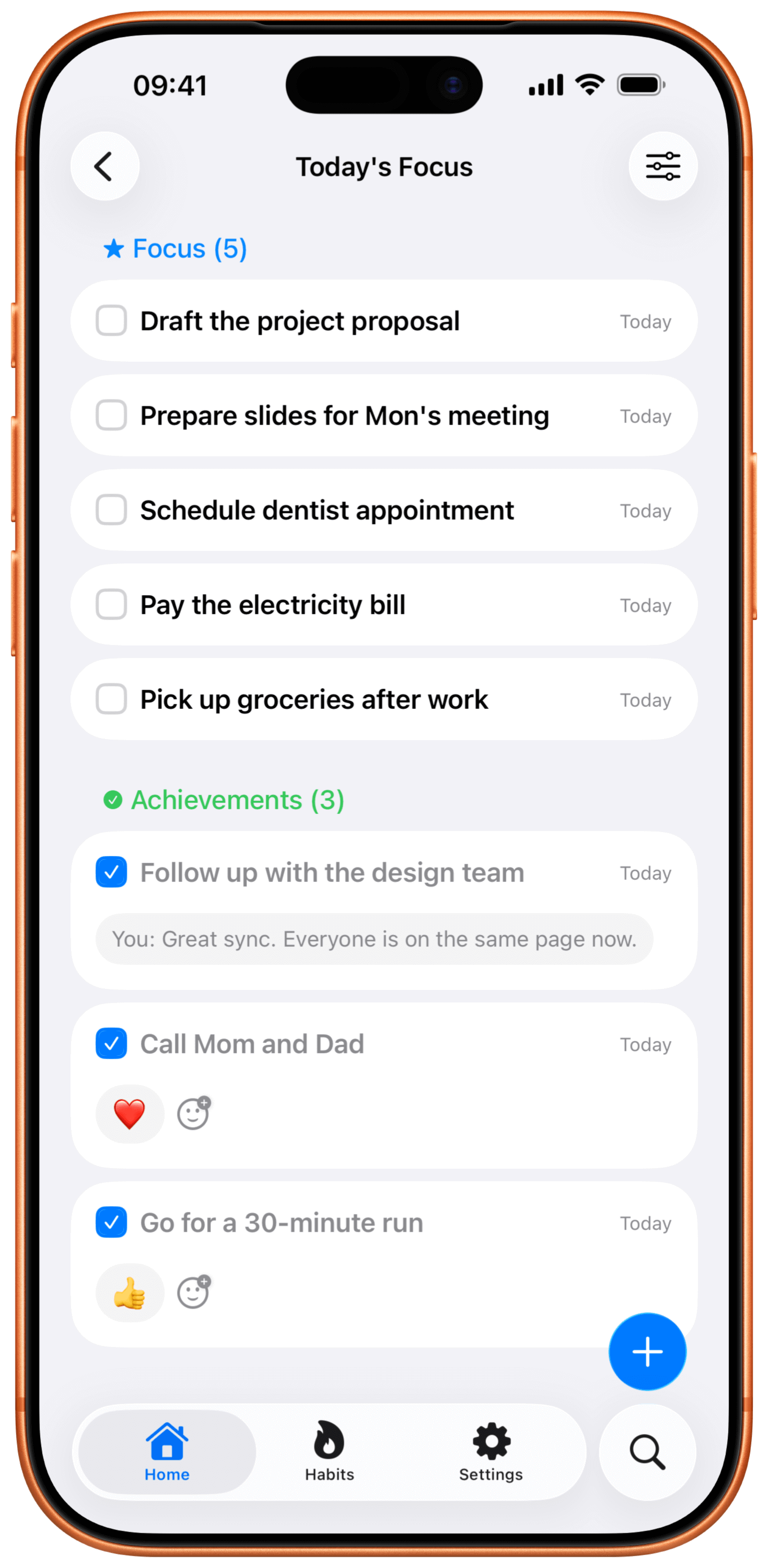 Focus mode screenshot highlighting achievements and celebrations